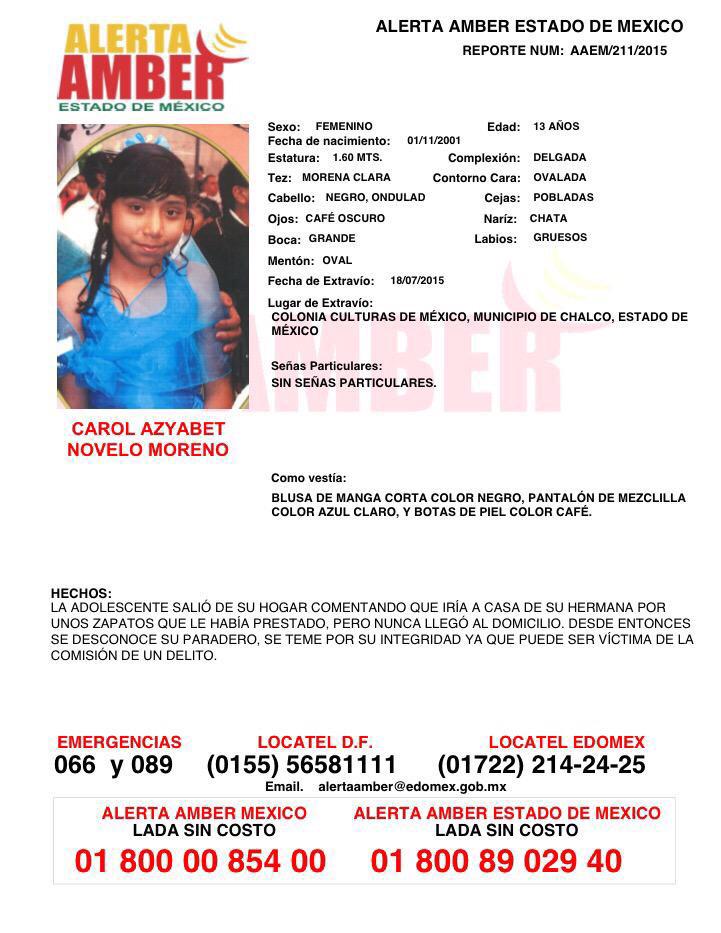 LaAlamedaAlerta's tweet image. #AlertaAmber &quot;Carol Azyabet Novelo Moreno&quot; Info al 018007028770 y cerotolerancia@edomex.gob.mx on.fb.me/1MnKveU