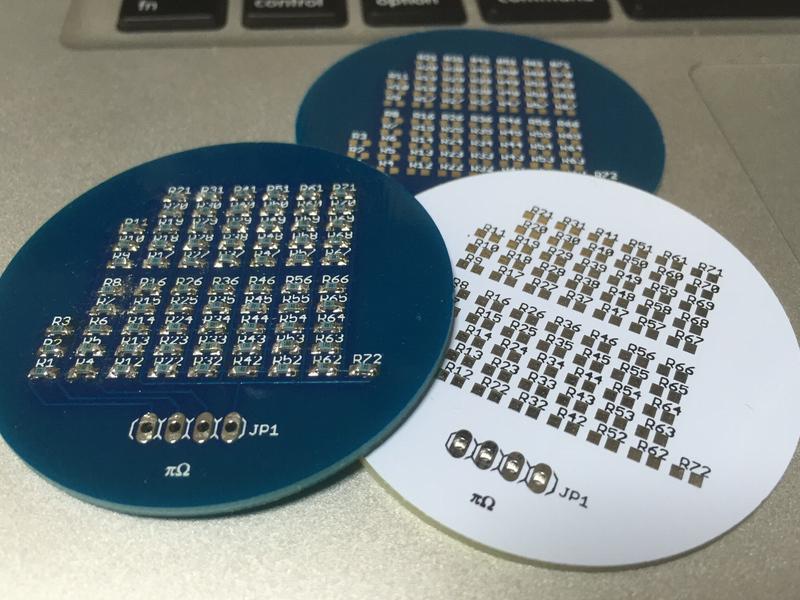 geodenx's tweet image. made Pi printed circuit boards. PCB and resisters kit will be available in #MFT2015 at @tetrine. #PiApproximation Day