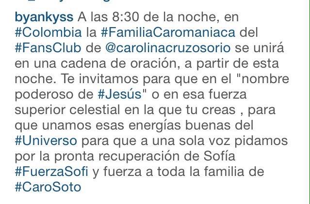 FcDorCaroCruz's tweet photo. Estamos contigo #FuerzaSofi !! Acompañanos a partir de las 8:30pm en una gran oracion @carocruzosorio @caritosoto1 http://t.co/yBvSvim45M