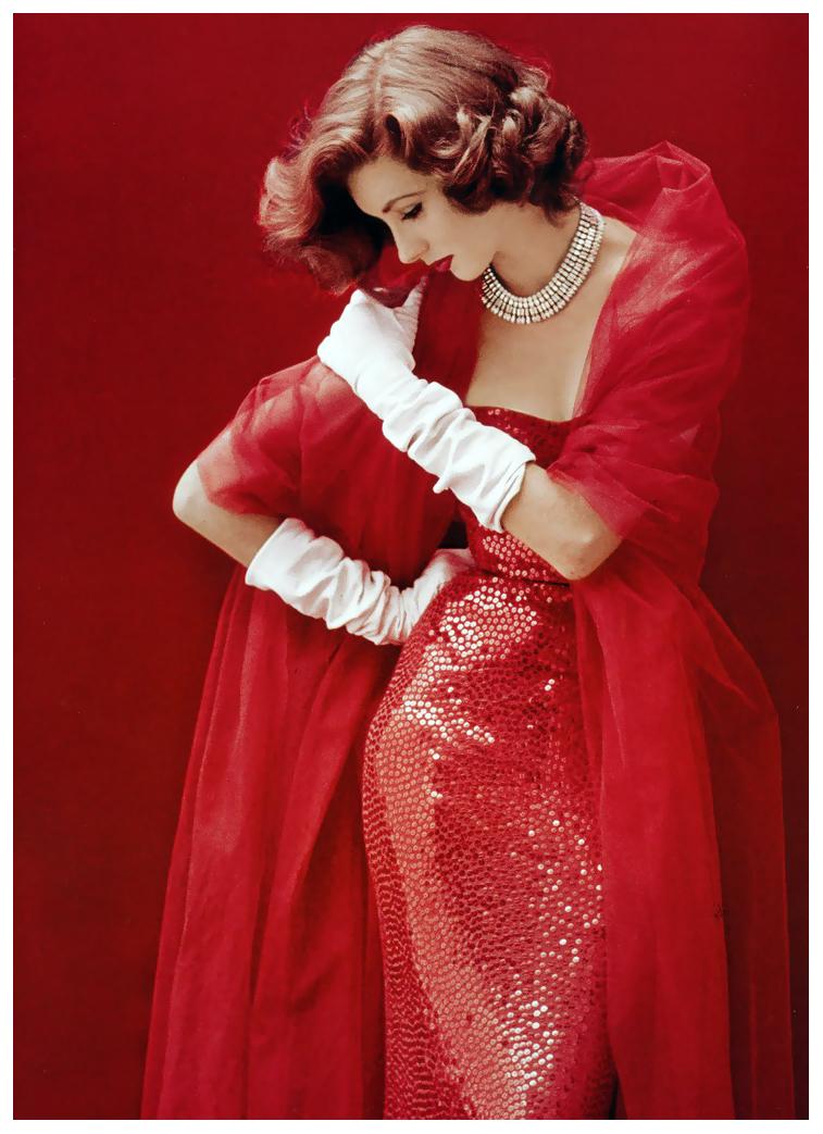 Suzy Parker in red sequined dress by Norman Norell, LIFE, cover September 1952 Photo Milton Greene