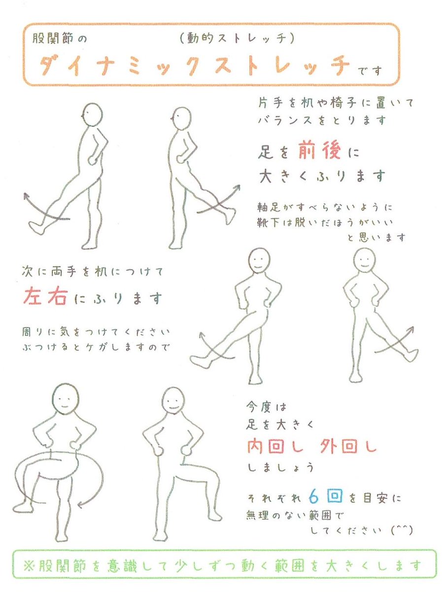 ゆっくり呼吸に合わせてするストレッチもいいですが
大きく動かすストレッチも効きます

ただ物にぶつけないように気をつけることと
転倒防止のために
机やテーブルなどに手をつけて
バランスをとってください 