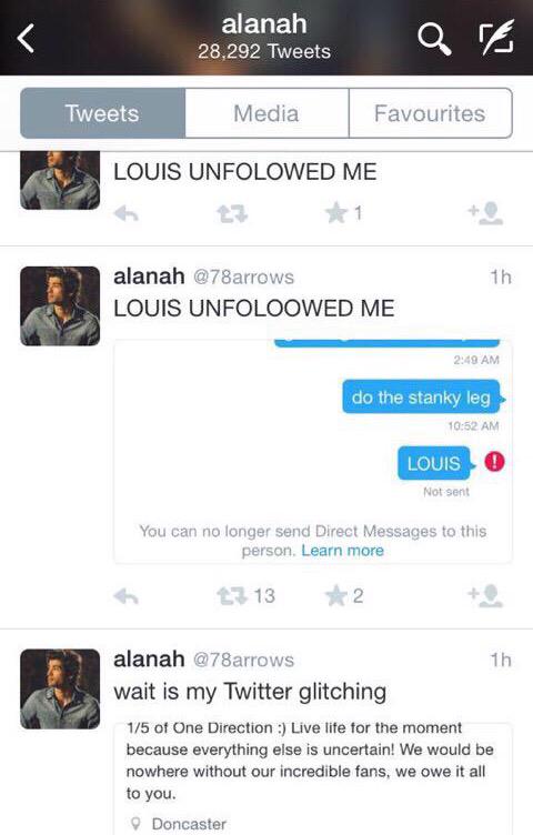 hellabelsx's tweet photo. Louis deixou de seguir uma menina que deu RT em um tweet que dizia que odiava os fãs da One Direction. http://t.co/qmASXezLcn