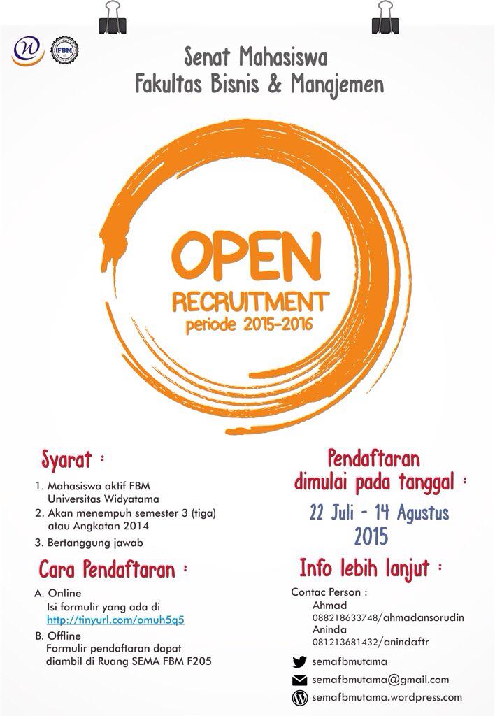 OPREC kepengurusan SEMA FBM untuk angkatan 2014. Klik tinyurl.com/omuh5q5 dan jadilah bagian dari kami!