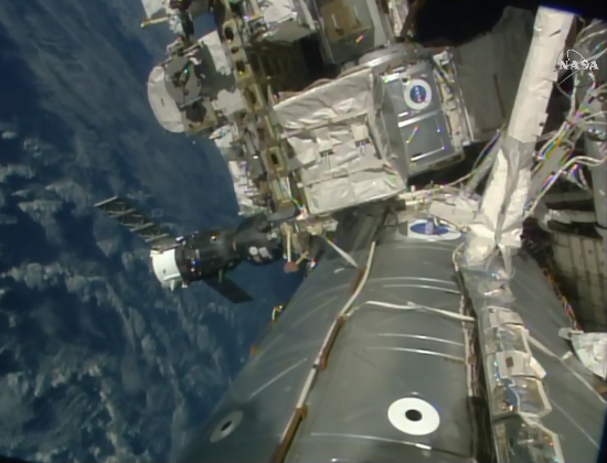 Live view of Soyuz docked to <a href="/Space_Station/">International Space Station</a>. Crew opens hatches at 12:25aET/4:25 UTC. Watch: nasa.gov/nasatv