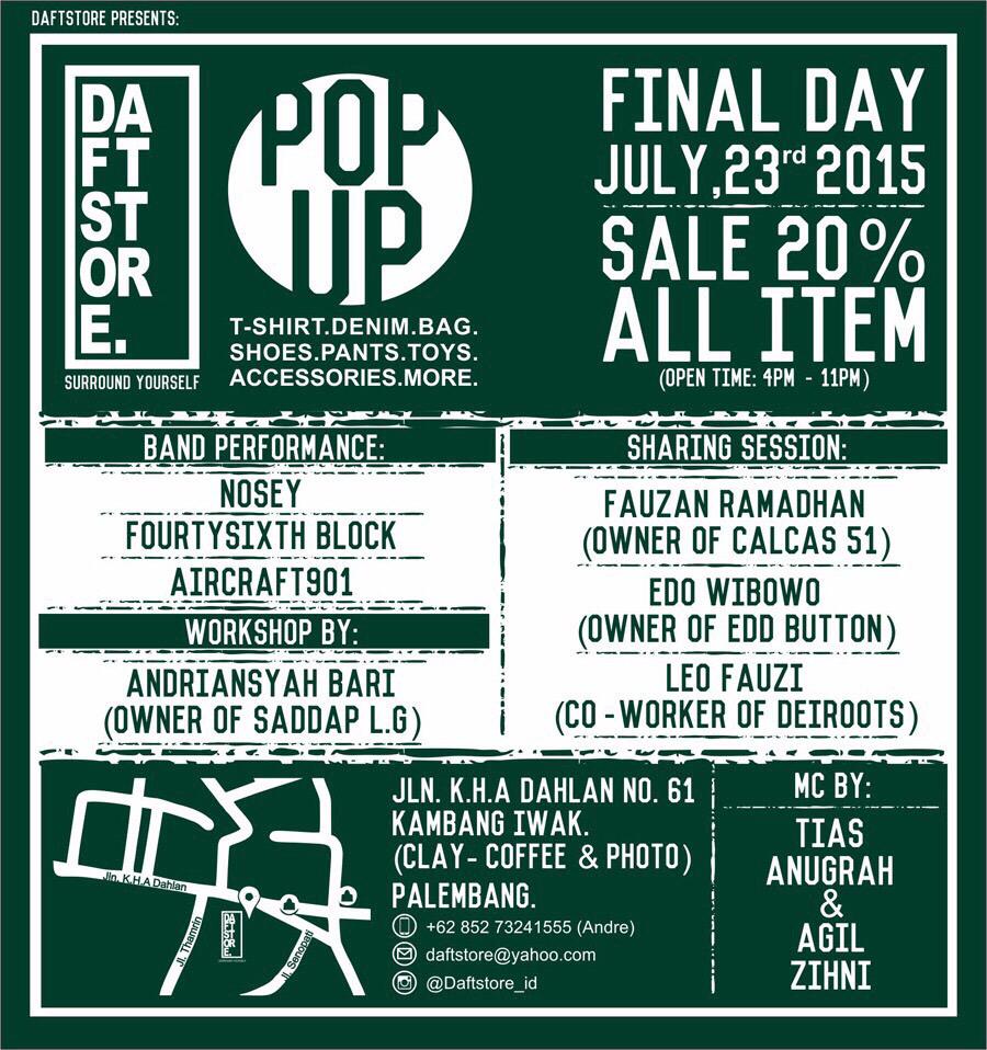Nanti malam! Final day daftstore dengan band perfomance <a href="/Fourty_Sixth/">FourtySixthBlock</a> <a href="/Nosey_music/">NOSEY</a> <a href="/aircraft901/">AIRCRAFT901</a>