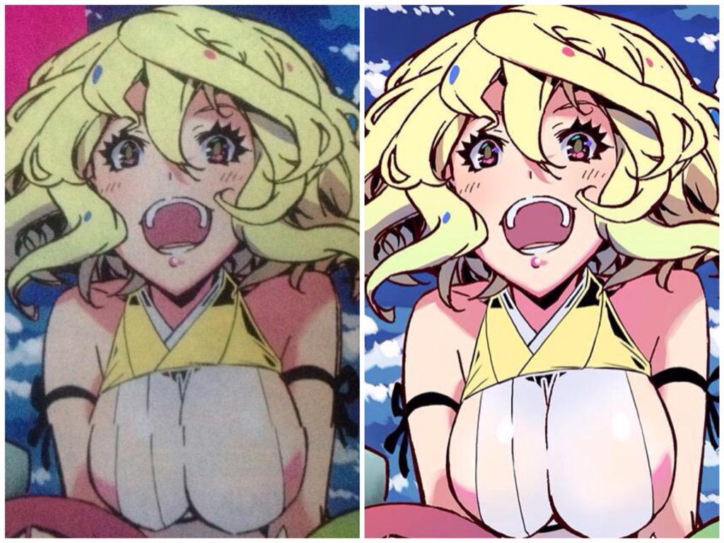 レバオン Twitterでムシブギョー作者の福田宏がcカラー絵に連携ミスがあったという 早速本誌とupされた原画と見比べてみた なるほど 画像左が本誌版 右が原画版 左の蜜月は胸が若干ズレてるね これはこれでレア Weekly Sunday Http T Co L0fgzfcx40