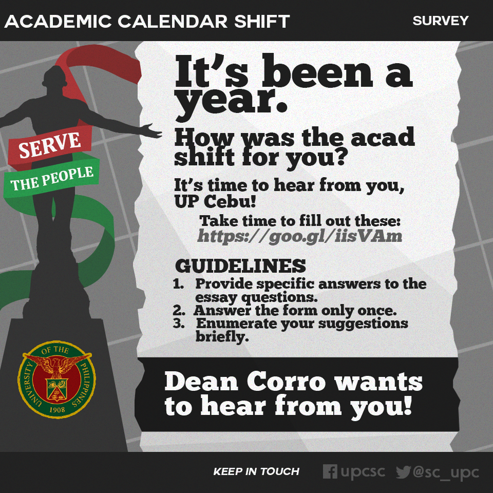 upcebu_usc's tweet image. IT'S BEEN A YEAR! How was the #AcadShift for you, UP Cebu? Dean Corro wants to hear from you! goo.gl/iisVAm