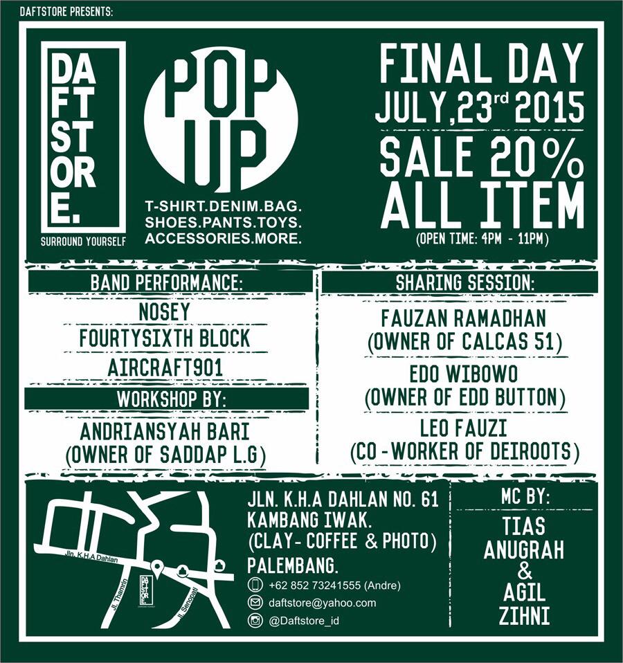 Malam ini penutupan DAFT STORE di @on_clay. Ada penampilan <a href="/Nosey_music/">NOSEY</a> <a href="/Fourty_Sixth/">FourtySixthBlock</a> <a href="/aircraft901/">AIRCRAFT901</a> &amp; sharing session
