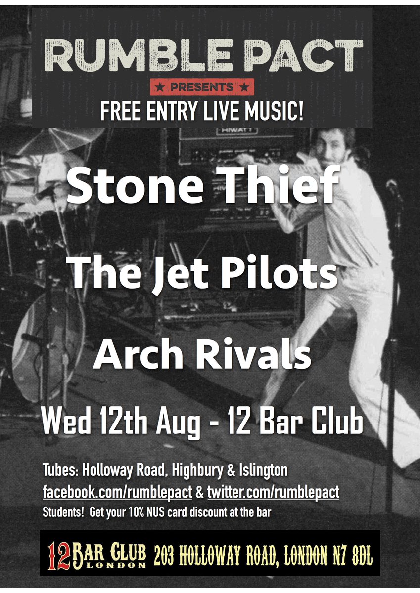 Wed 12th Aug update! <a href="/archrivalsuk/">Arch Rivals</a> <a href="/TheJetPilots/">TheJetPilots</a> @StoneThiefBand <a href="/12barclub/">12 Bar Club</a> <a href="/hollowaylife/">Holloway Life</a>