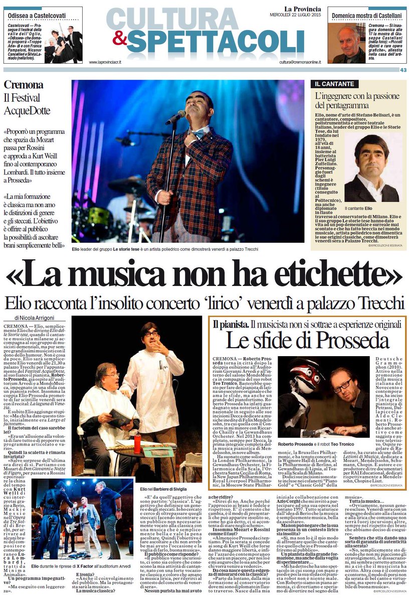 Domani sera Elio di <a href="/eelst/">Egocentrici Esuli Lontani dal Social Tragicamente</a> e <a href="/RobertoProsseda/">Roberto Prosseda</a> a #Cremona per il festival #acquedotte