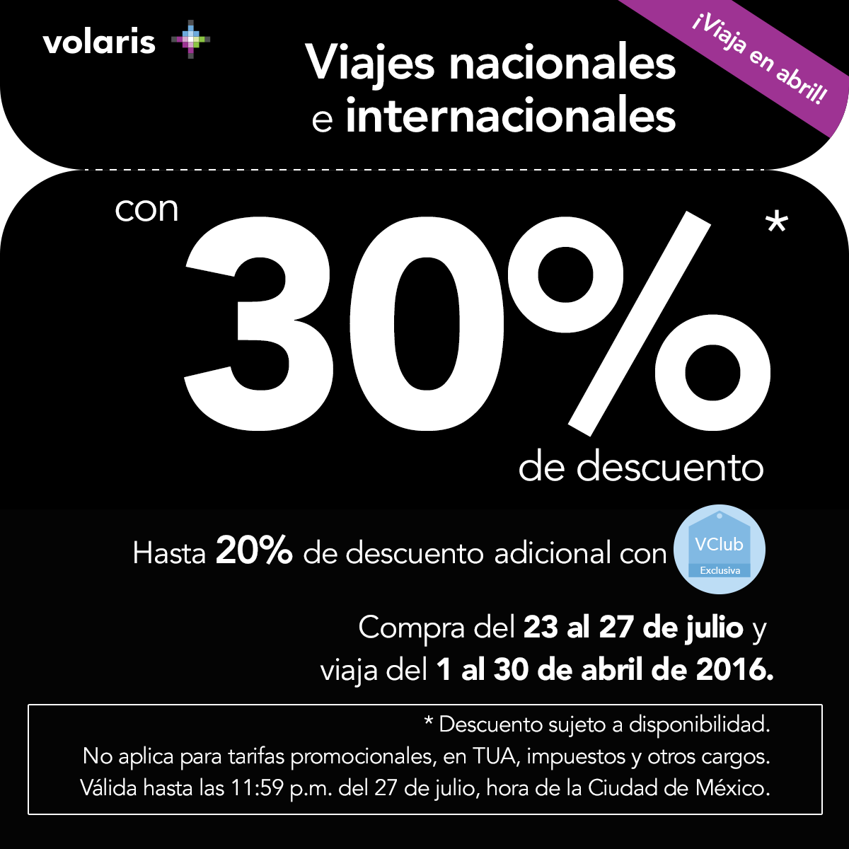 viajaVolaris's tweet photo. Aprovecha nuestra #PromoNegra y viaja en abril 2016. Código de promoción: VLN30 http://t.co/8T1IQ4qMzR http://t.co/jVnylVoXCS
