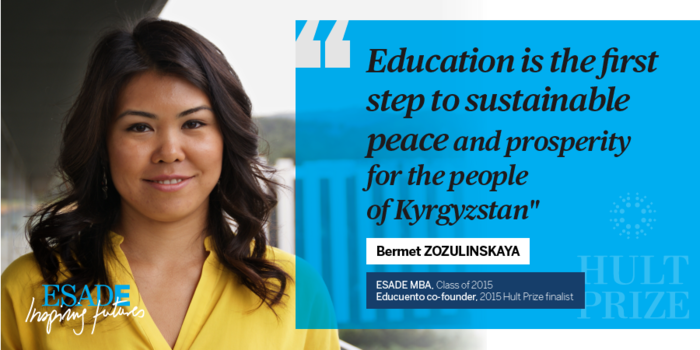 Esade's tweet photo. For Bermet Zozulinskaya, @Educuento co-founder and @Hultprize finalist, education is a must #hp15 http://t.co/iRgtMUEjGc