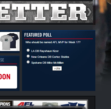 AFLVooDoo's tweet photo. Vote for Cortez Stubbs for AFL Defensive MVP of the week! 14 tackles, 1 FR, 3 PBU! http://t.co/VB6TGOkjWO #AFL28 http://t.co/nR1nsocxd3
