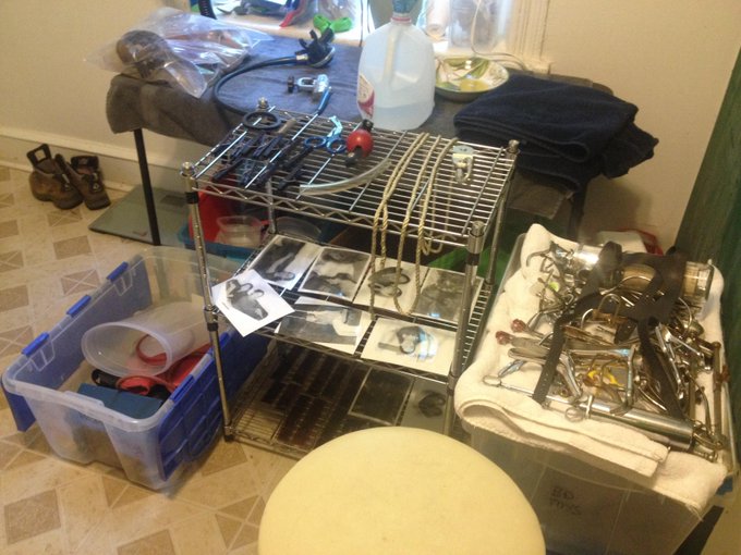 This is what my kitchen looks like in moldageddon cleanup. BDSM gear and my childhood photos drying together<a href="/tag/tbt"class="tags"><span>#tbt</span></a>