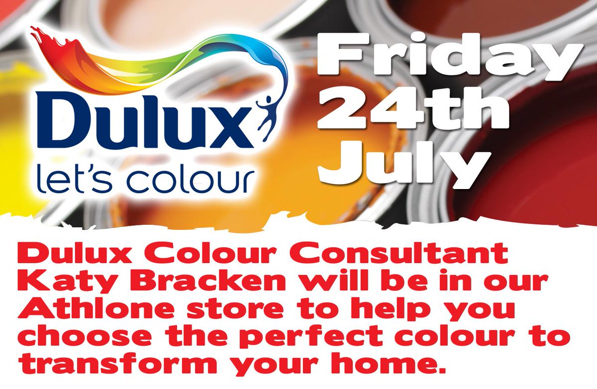 Ganlys's tweet photo. Dulux Consultant Katy Bracken will be our Athlone store Friday 24th July all day, as part of our Massive Giveaway. http://t.co/ND2pW1KU9x