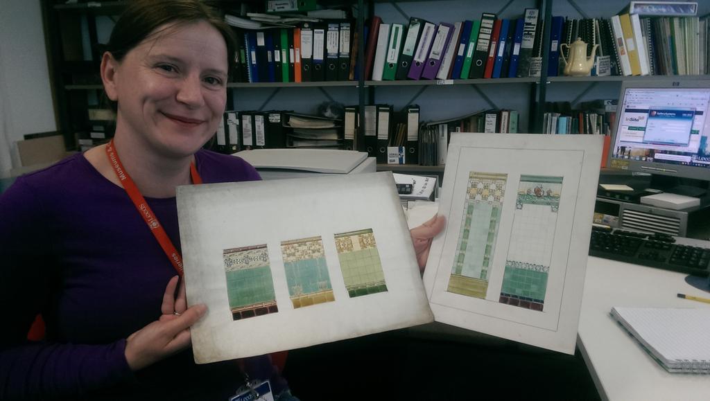 Nicola, cataloguing some beautiful #Burmantofts tile designs at #DiscoveryCentre #Leeds