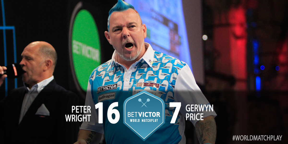 OfficialPDC's tweet photo. RESULT: Great display from @snakebitewright as he flies into the #WorldMatchplay semi-finals! http://t.co/6qEJwxD8v6 http://t.co/Z1Tf6HSQ4A