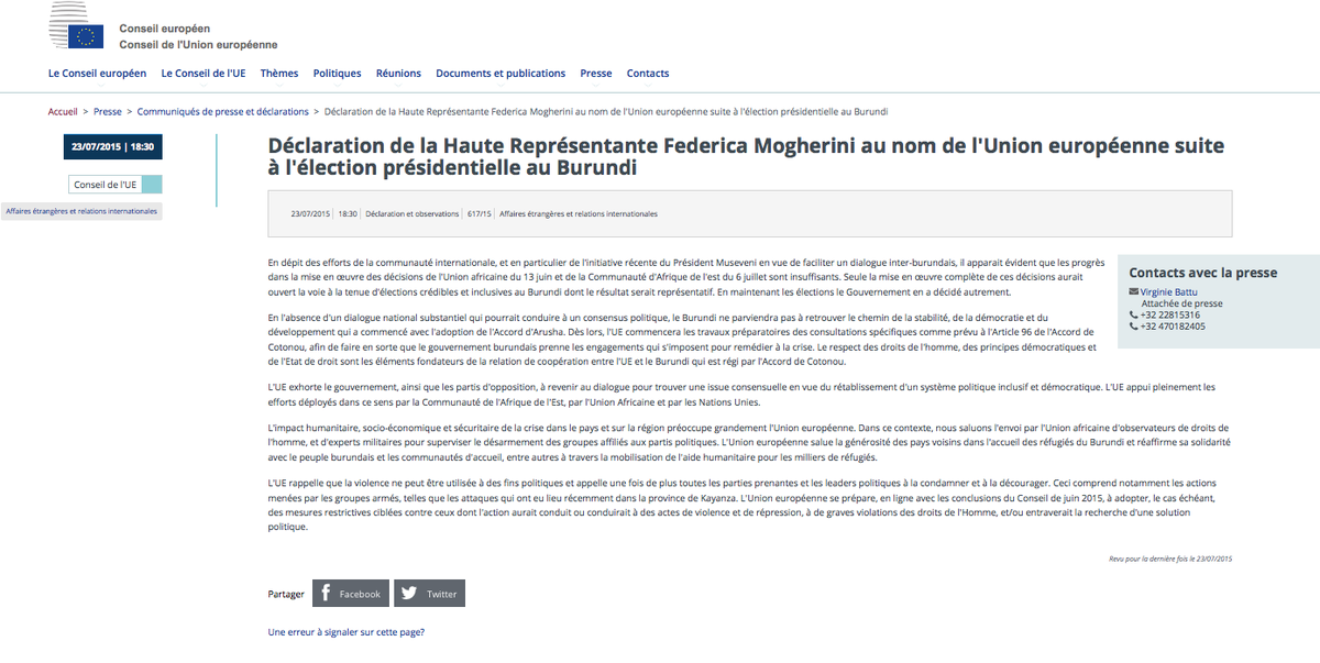 Statement by High Rep. #EU <a href="/FedericaMog/">Federica Mogherini</a> following the #Burundi presidential election, read it bit.ly/1Il2q3a
