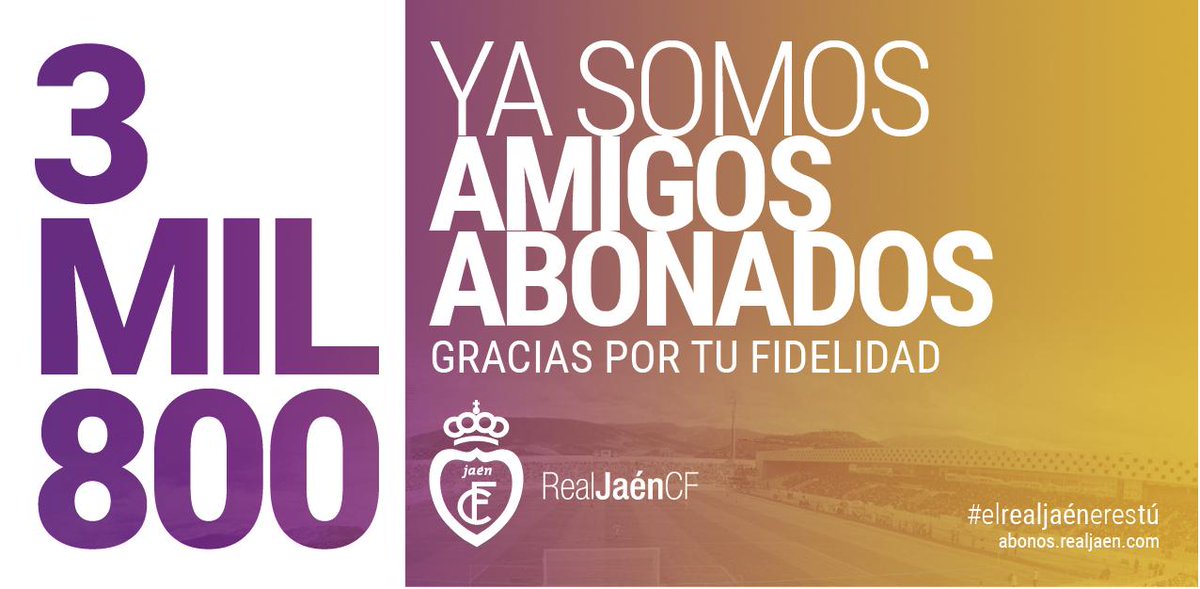 RealJaenCF's tweet photo. ¡¡Ya somos 3.800 abonados!! ¿Estás tú entre esos fieles seguidores del Real Jaén? #AbonoAmigo http://t.co/bpcLyEKfV3