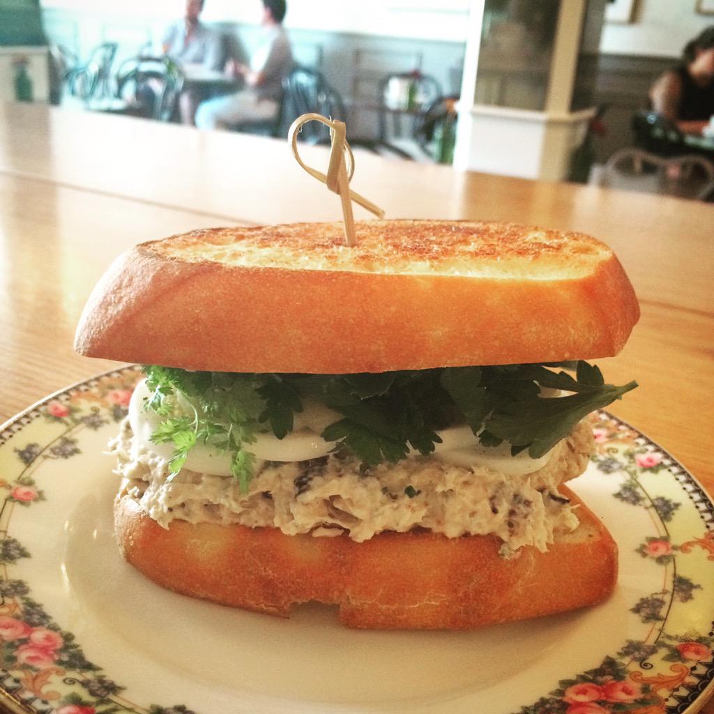 StAlbanCHS's tweet photo. Tuna salad sandwich time! Nicoise aioli, boiled egg, pickled banana peppers, and fresh herbs on ciabatta toast. #chs http://t.co/2wAeTV15bw