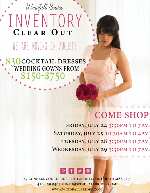 Windfallbrides's tweet photo. Come shop our inventory clear out #sale July 24, 25, 28 &amp; 29. ALL cocktail dresses $30 &amp; wedding gowns $150-$750! http://t.co/5kTOKzwrNX