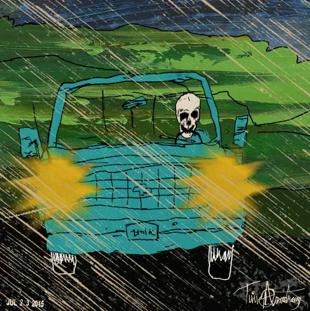 timtimebomb's tweet photo. "Skullman Driving In The Rain July 23, 2015" #TimArmstrongArt 
10" x 10" http://t.co/x5qp2EnsNG