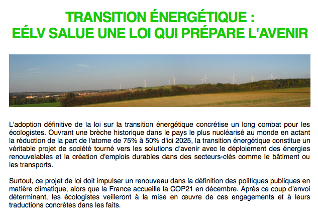 EELV's tweet photo. [Lettre d'info] Spéciale loi de transition énergétique http://t.co/dylpyjaIi6 #LongCombat #eelv http://t.co/ndEqrWX7Y6
