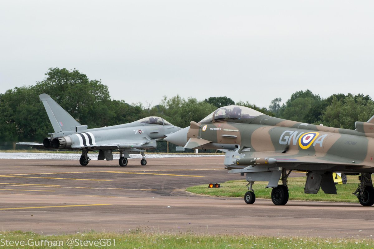 Two Special Scheme Typhoons taxiing for departure on Monday morning #BoB75 #Dday70 @RAFSynchro75 #RIAT15