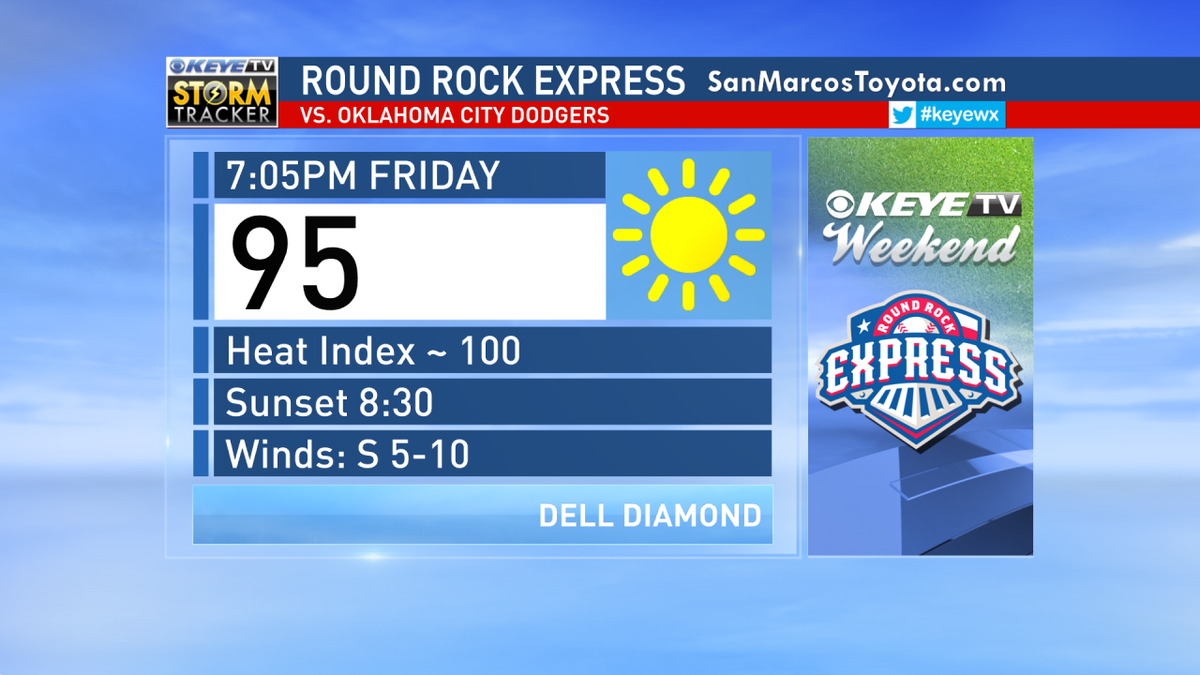 cbsaustin's tweet photo. From @ChikageKEYETV: @RRExpress #FirstPitchForecast for Friday night! See ya there! #keyewx http://t.co/6eHUypE0SN http://t.co/nNdAgV8DGf