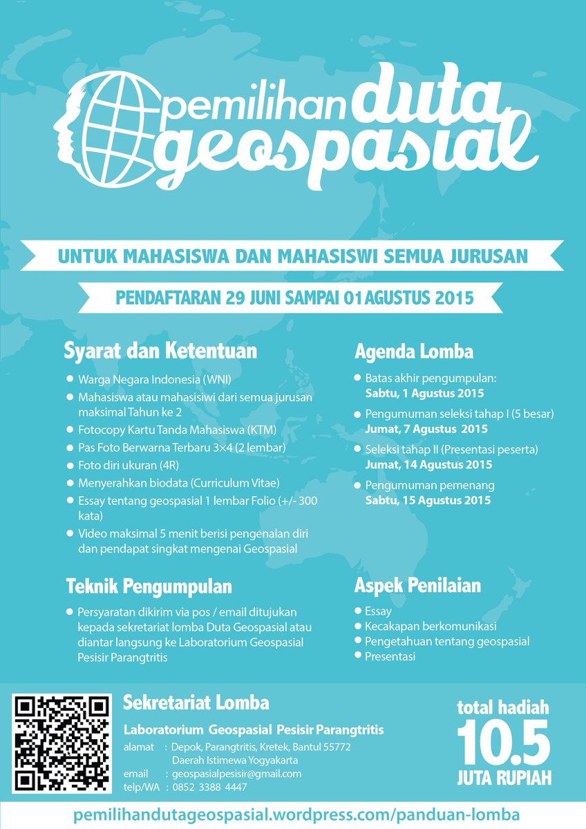 Ikuti Pemilihan Duta Geospasial
Terbuka untuk mahasiswa&amp;mahasiswi semua jurusan. Pendaftaran hingga 1 Agustus 2015