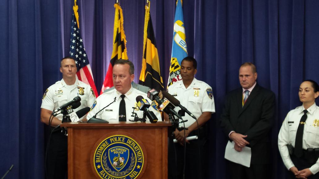 BaltimorePolice's tweet photo. #CommDavis announces the arrest of 25-year old Keon White in last night's triple shooting at 800 N Glover Street. http://t.co/IRZy4ZykWu