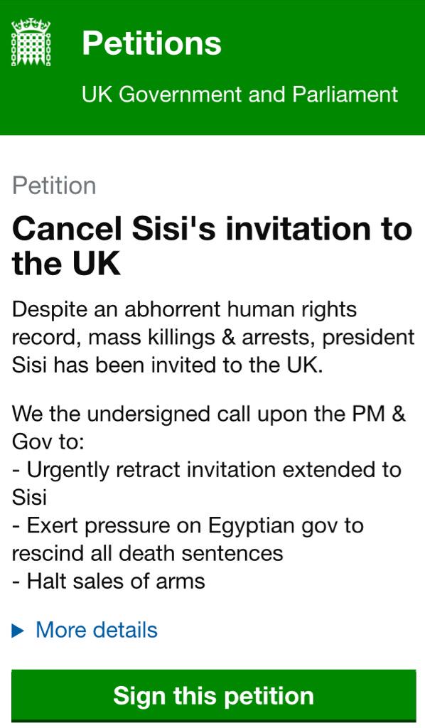 WhoIsSisi's tweet photo. Sign the official petition: Cancel Sisi's invitation to the UK https://t.co/PAazviBN22 #StopSisi http://t.co/PybT2IejVT