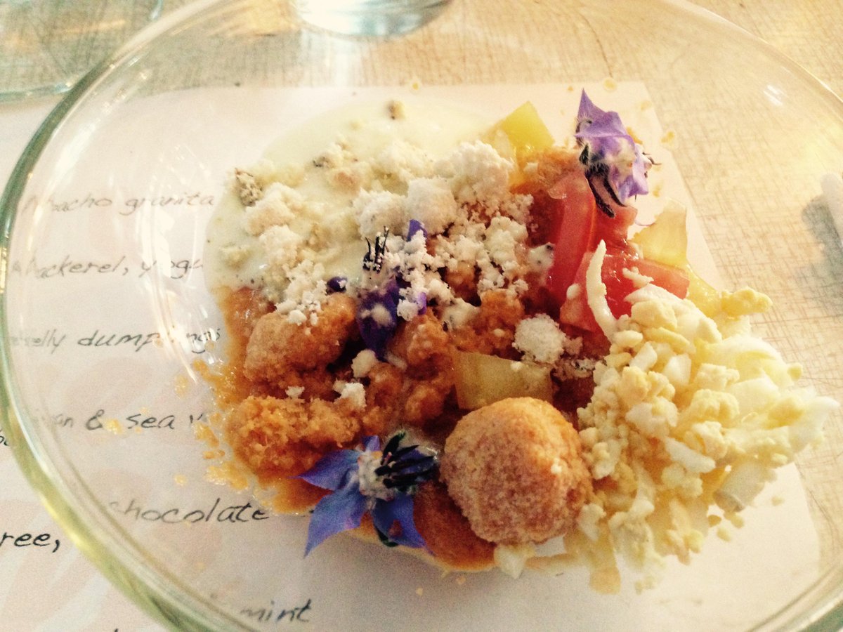 eatwithlondon's tweet photo. Beautifully creative dishes at @3lilbirdsLDN - Gazpacho Granita, Mackerel, Pork Dumpling + Smoked Goat's Cheese! http://t.co/sYdselnuXi