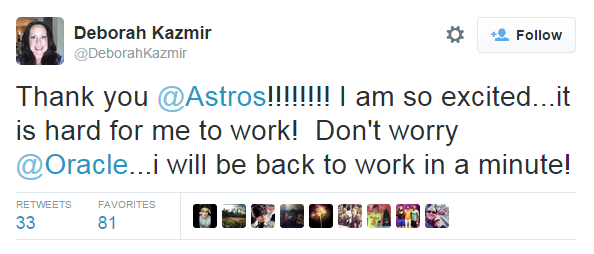 espn's tweet photo. Scott Kazmir's mom is really happy about her son's return home. Why Astros fans should be too: http://t.co/ZJoSu9w6CZ http://t.co/GGS8F1eTOX