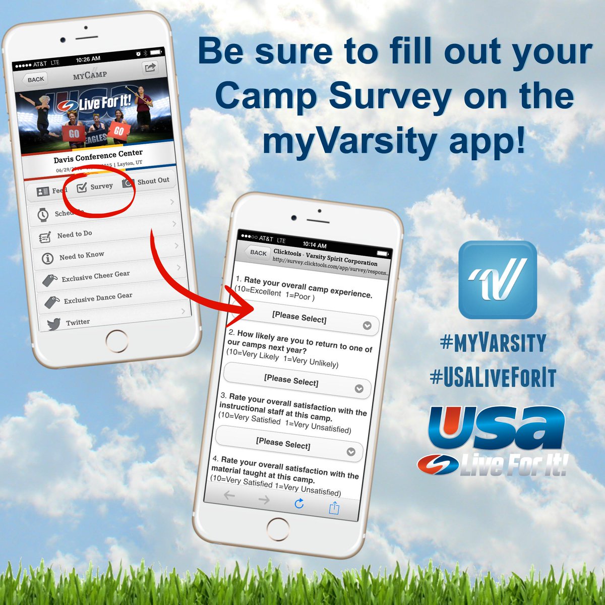 After your USA camp, don't forget to fill out the camp Survey on the #myVarsity app! #USALiveForIt