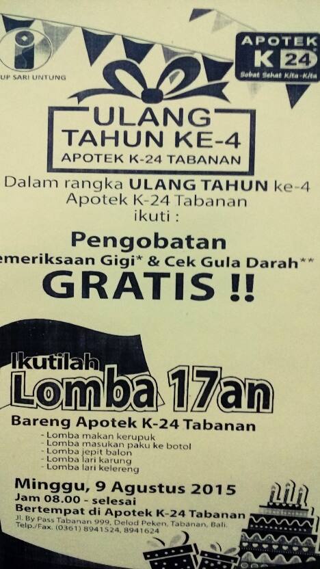 K24Tabanan's tweet photo. Datang dan ikuti lomba dalam rangka ulang tahun Apotek K24-Tabanan yg ke-4, Minggu 09 Agustus 2015 @ 8am - selesai http://t.co/T4XNWr3yP3