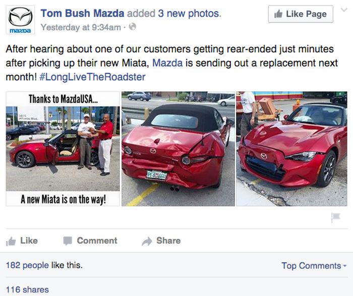 Mazda regala en EEUU un Miata 2016 a uno de sus clientes al que le habían chocado su  ... bssl.es/1GIkPl5