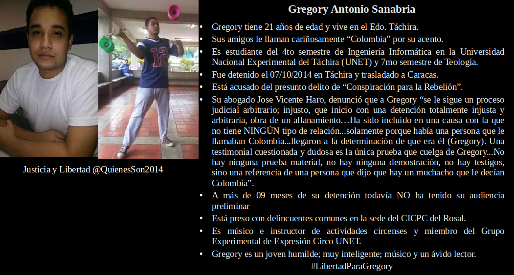 QuienesSon2014's tweet photo. #concluOLVIDADOS GREGORY SANABRIA NO ES UN DELINCUENTE; 7MO SEMESTRE DE TEOLOGÍA;DIGNO VZLANO. #QS http://t.co/snD3tLQw8Q