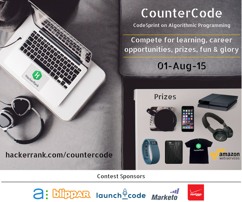 hackerrank's tweet photo. Register now for #CounterCode - http://t.co/aClJjfP3tc [Sponsors: @asana @blippar @Launch_Code @marketo @Verizon] http://t.co/TnMWwEyKKG
