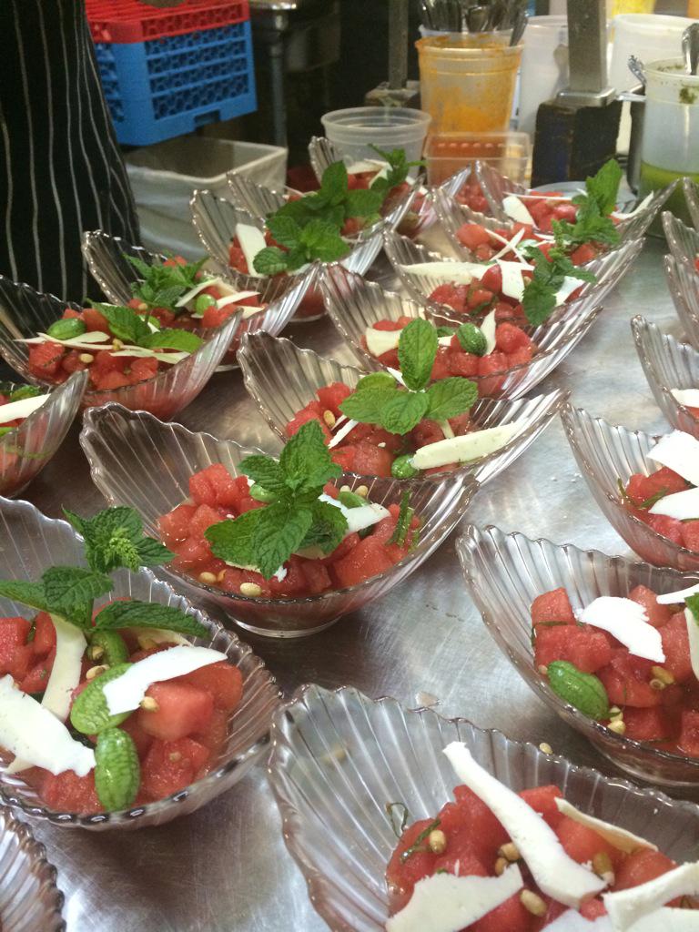 OneBlockWest's tweet image. Watermelon salad with cucamelons, pine nuts, mint, and ricotta salata ready for the dining room. #livefromobw