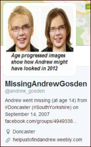 PL RT - Andrew Gosden missing from #Doncaster (#SouthYorshire) since September 14, 2007. Any information call #116000