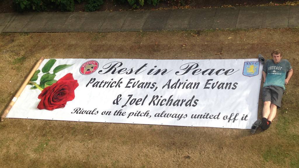 HitsWestMidsX's tweet photo. .@AVFCOfficial fans will hold up this special banner for 3 @WFCOfficial fans killed in Tunisia during today's game. http://t.co/2EZ33NTqRt