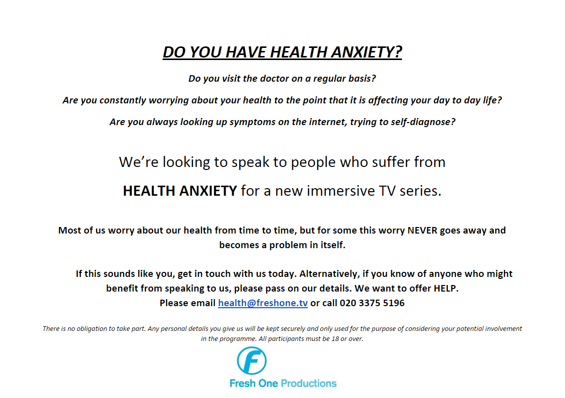actondepression's tweet photo. Do you suffer with health anxiety? A TV show wants to help. Get in touch today. UK based. http://t.co/Bu5o8Oalhb