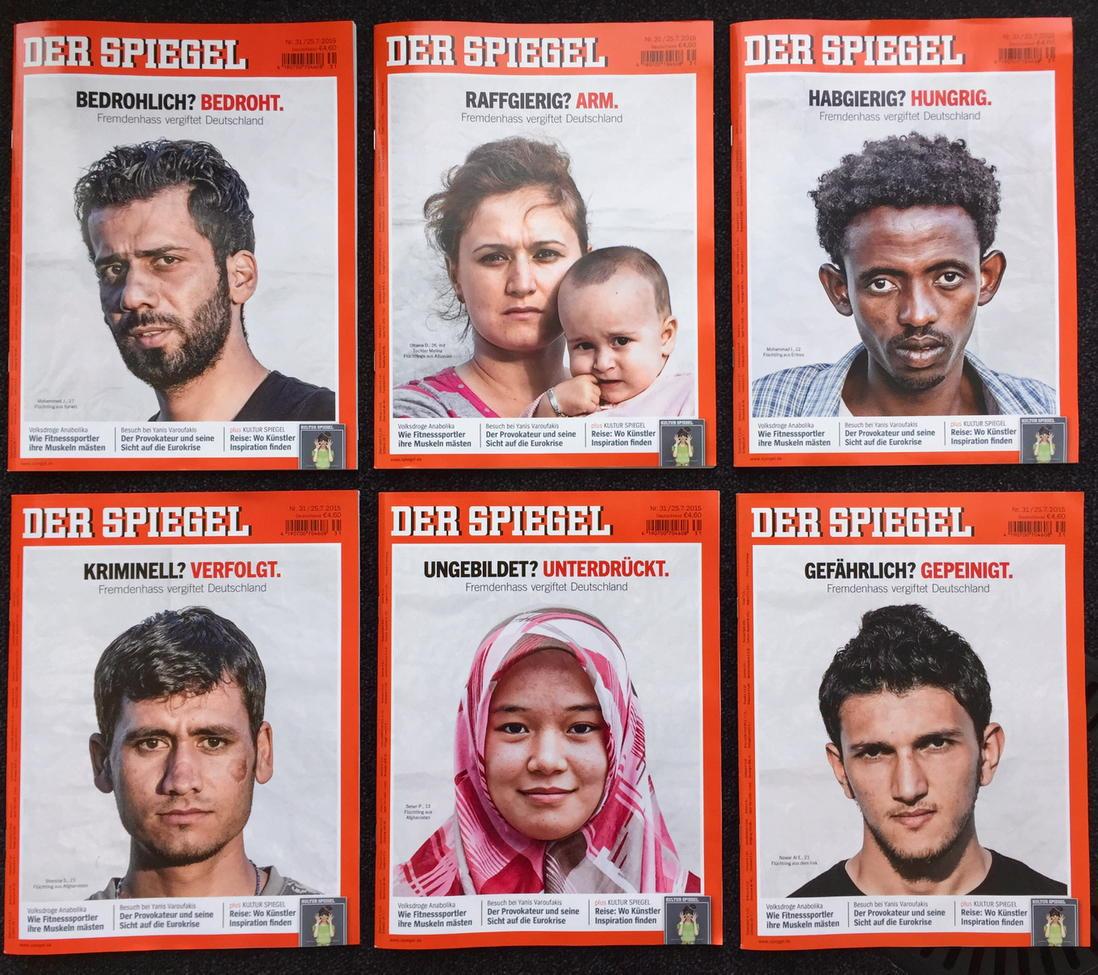 mathieuvonrohr's tweet photo. .@DerSpiegel's new issue - with six separate covers showing refugees in Germany http://t.co/eWabc67c5W