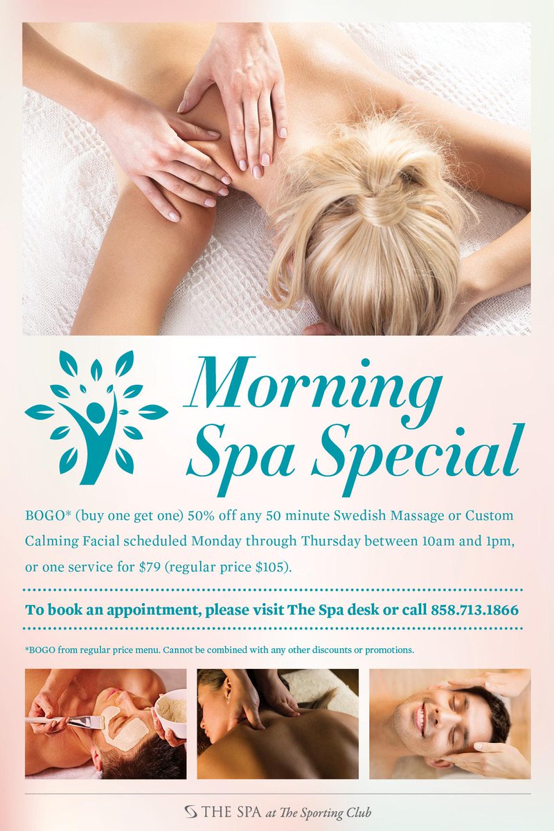 TheSportingClub's tweet image. Morning Spa Special! Swedish Massage or Custom Calming Facial scheduled Monday - Thursday between 10am and 1pm at $79