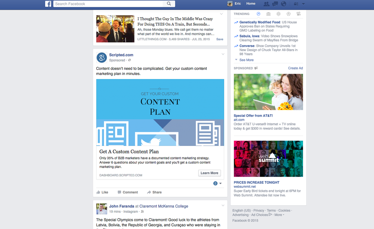 MarketingEric's tweet photo. That moment when your own #facebookad targets you and you're not sure if you should like it or not... #contentplan http://t.co/codzGWCFZb