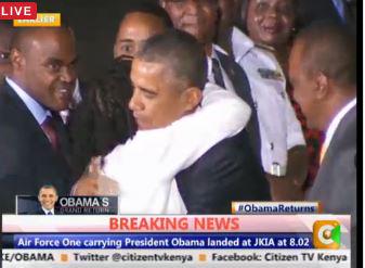 President Obama hugs his half sister Auma Obama at JKIA after landing #ObamaReturns
