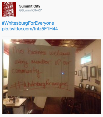 joesonka's tweet photo. (2/2) The great @summitcityky in the same city put up this sign in response: #WhitesburgForEveryone http://t.co/Vx41ECSmH7