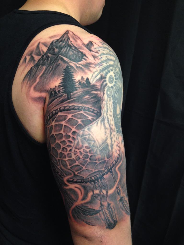 pekrart's tweet image. Today's work to using a background to existing Native American chief tattoo #nativetattoo #tattoo #sleeve