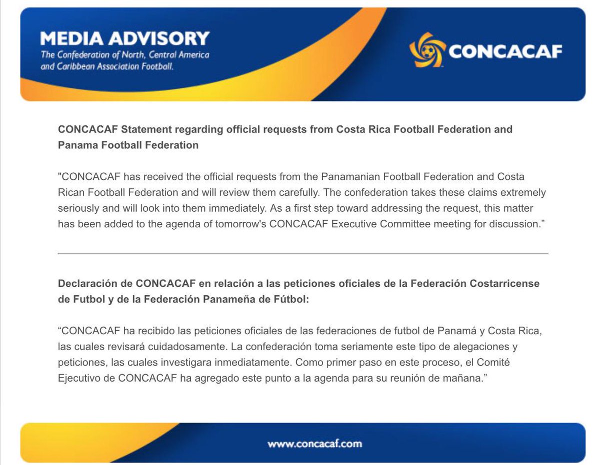 RazaESPN's tweet image. Comunicado de @CONCACAF ante las peticiones de @FEDEFUTBOL_CR y @fepafut